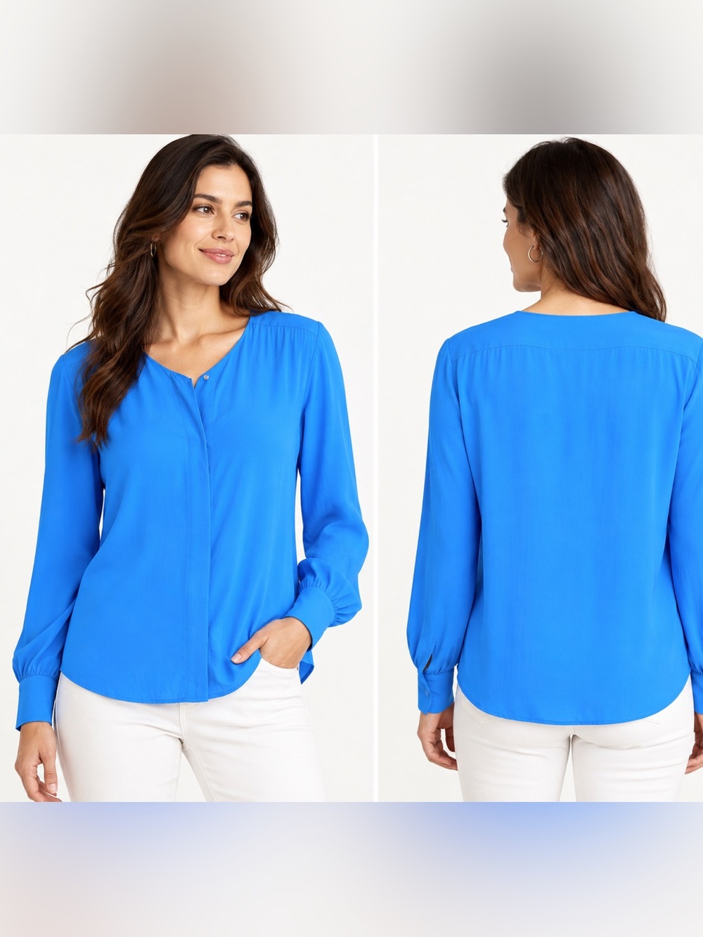 Corporate Woman Vintage V-Neck Button-Down Shirt in Turquoise 14 silk